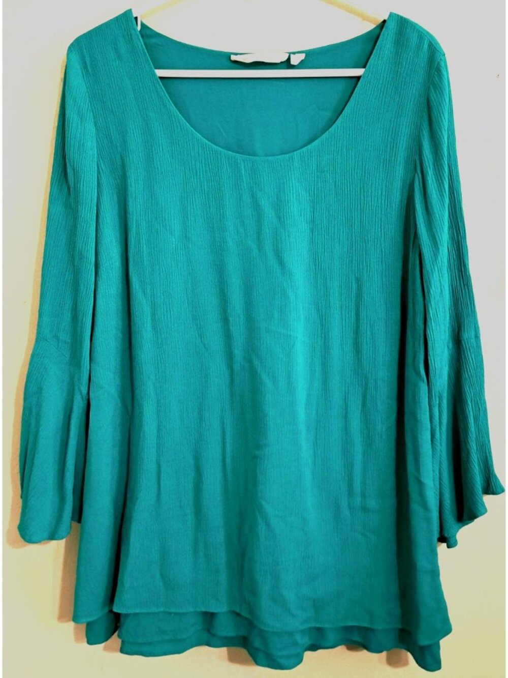 Soft Surroundings Women's L Teal Scoop Neck Long Trumpet Sleeve Tunic